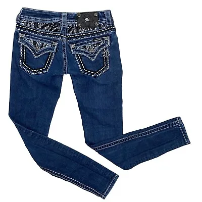 Miss Me Blue Denim Embellish Expose Stitching Low Rise Skinny Jeans Women Sz 25 • $18.75