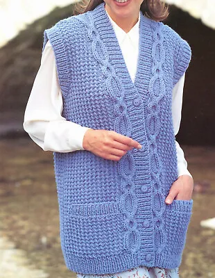 Ladies Chunky Knit Long Waistcoat With Pockets Knitting Pattern 28-44 Inch • £2.99