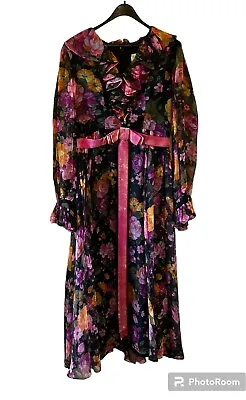 Vtg 60s 70s Futura Couture Of New York Sz 14 Floaty Chiffon Floral Evening Gown • $78