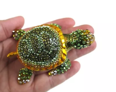 Bejeweled   Green Crystal Turtle   Hinged Metal Enameled Rhinestone Trinket Box • $22.50