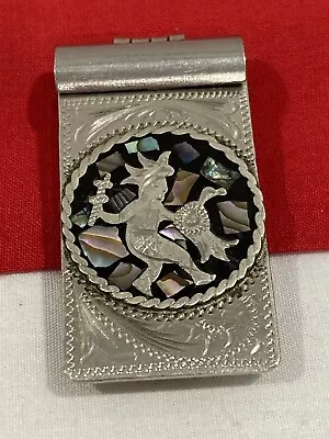 Vintage MEXICO ALPACA Inlaid ABALONE Shell Aztec Mayan Man MONEY CLIP Signed • $29.95