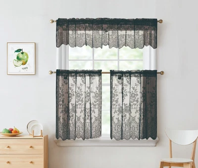 $12.99 • Buy 3pc Solid Floral Lace Rod Pocket Kitchen Curtains Tiers With Valance Set