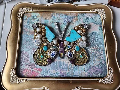 Vintage Jewelry Art Butterfly With Gemstones And Rhinestones Framed Lovely Pc • $29.99