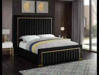 Plush Velvet Panel Gold Strip Ottoman Gas Lift Bed Frame Double King Size • £255.99