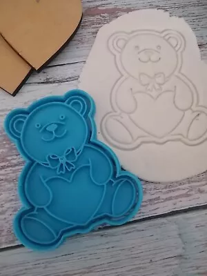 Baby Shower Teddy Heart Biscuit Cookie Cutter & Embosser Baking Cake Fondant • £4.19