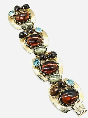 Vtg SCHREINER/SCHIAPARELLI? Yellow Green Cabochon Blue Glass Bracelet 1.5”- 7.5” • $297.50