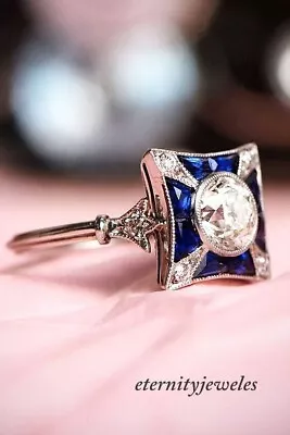 2.CT Round Lab-Created Diamond Vintage Art Deco Blue European Ring White Gold FN • $145.34