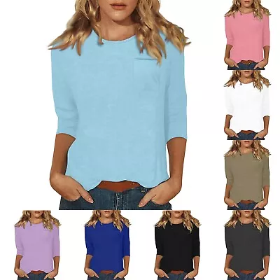 Womens T Shirt Casual O-Neck Three Quarter Sleeve Solid Color Tops Pockets • $15.56