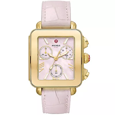 New Michele Deco Sport Chronograph Gold Pink Leather MWW06K000068 Ladies Watch • $489