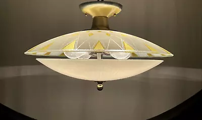 Vtg 17.5  Atomic MCM Flush Mount Glass Saucer Ceiling Light 1940s 1950s 1960s • $299.99