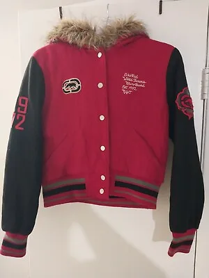 Vintage Ecko Red Womens L Red Varsity  Jacket Fur Hoodie RARE • $75
