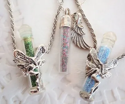 Vintage Lot 3 Fairy Dust Glitter Viles Angel Wing Pendant Necklaces One 18KRGP • £30.87