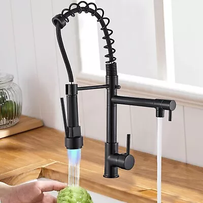 Matte Black Spring Kitchen Faucet LED Sink Mixer Pull Down Sprayer Single Handle • $39.99