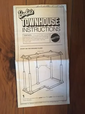 Vintage Instructions For Barbie's Townhouse 1974 • $49.99