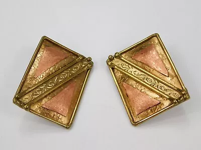 Vintage Brass Copper Chunky Rectangular Clip On Statement Earrings Boho Artisan • $29.99