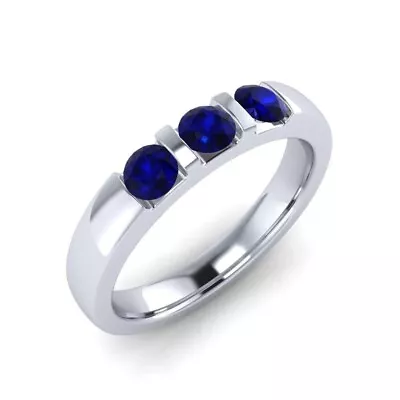 Blue Sapphire Tension Setting Round 4.00mm Three Stone Ring With Rhodium Plated • $32.50