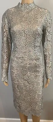 J Mendel Silver Floral Lace  Long Sleeve Sheath Dress Sz 8 • $170