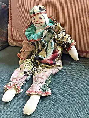 VTG Handmade 18  Cloth Rag Clown Doll Embroidered Face Vera Linen Clothes • $38.33