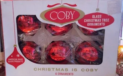Vintage COBY 6 Glass Christmas Ornaments RED ORIGINAL BOX MID CENTURY RETRO MCM • $20
