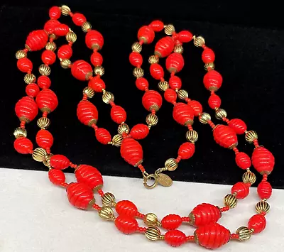 Miriam Haskell Necklace Rare Vintage 54  Gilt Red Glass Single Strand A48 • $168.30