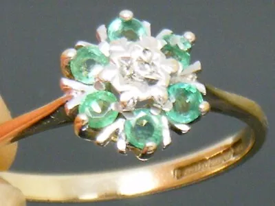 9ct Gold Vintage  Emerald & Diamond Hallmarked Cluster Ring Size O • £89