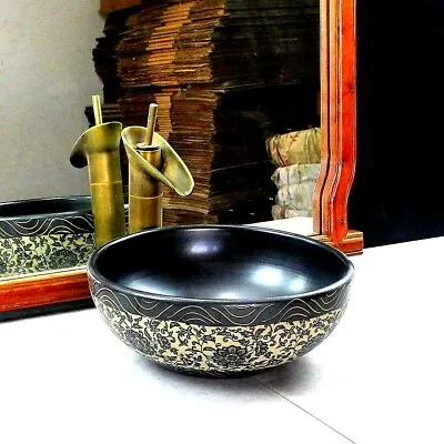 Bathroom Basin Sink Counter Top Vessel Bowl Flat Mount Black Design • £119.99