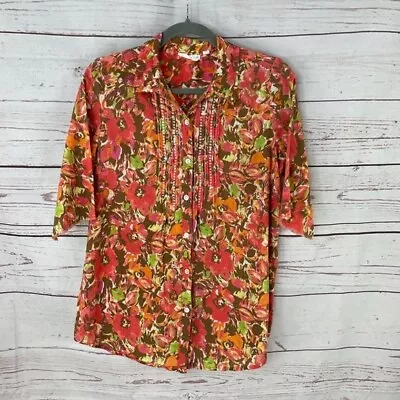 J. Jill Orange Floral Print Button-Up Shirt Womens 3/4 Sleeve Casual Size XS • $8.99