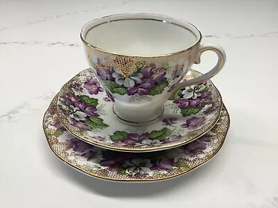 Vintage SALISBURY Bone China ENGLAND Devonshire Violets TRIO CUP SAUCER & PLATE • $45