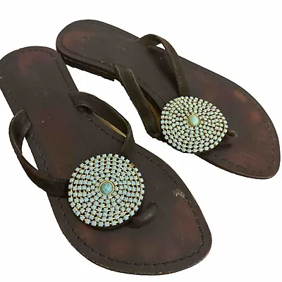 Mystique Womens 8 Thong Flip Flop Sandals Turquoise Stone Embellishment Brown • $24.96