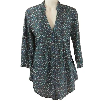 Passport Peasant Shirt Medium Blue Floral Boho Lightweight Loose Fit 3/4 Sleeve  • $24.99