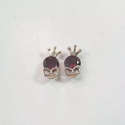 E0468 Dainty Gold Tone Red Rhinestone Crown Skull Shape Mini Stud Earrings • $7.99