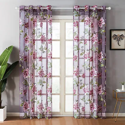£7.99 • Buy Floral Voile Sheer Bedroom Kitchen Purple Window Curtains With Eyelet Ring Top