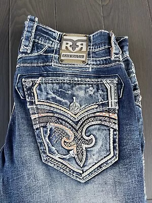Rock Revival Jeans Straight Mens 36 Mid Blue Premium Embroidered Stretch Denim • $79.99