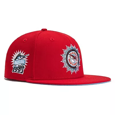 New Era Miami Marlins Red Icy 59Fifty Fitted Hat Inaugural Side Patch Size 7 1/2 • $44.97