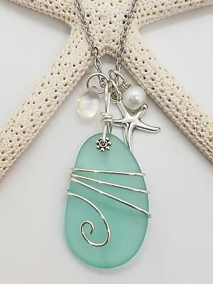 Sea Glass Necklace W/ Autumn Mint Green Pendant Silver Wire Wrapped Handcrafted • $13.99