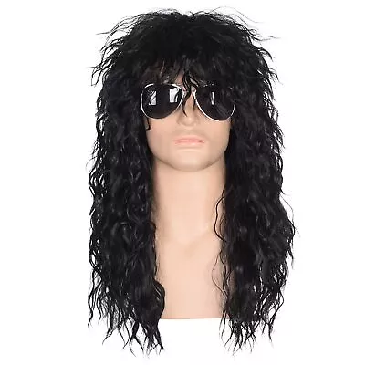 Men’s 80s Style Long Black Curly Hair Wig Glam Rock-Rocker Wig Perfect For Ha... • $31.90