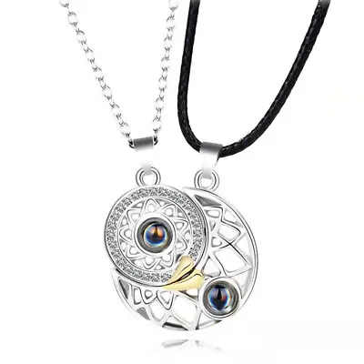 Couple Lover Matching Black Silver Magnetic Metal Sun Moon Glass Chain Necklace • £4.99