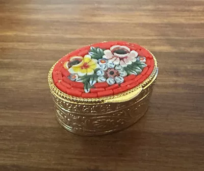 Vintage Italian Oval Micro Mosaic Mini Hinged Pill Trinket Box Floral Design • $40