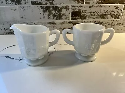 Vintage White Milk Glass Creamer And Sugar Bowl With Imprinted Grapes • $24