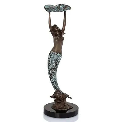 Brass Marble Beautiful Mermaid With Tray Sculpture Statues Coastal Home Décor • $238
