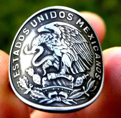 Eagle Snake Mexican Cincuente Centavos Coin Signet Ring Sterling Silver Band  • $41.30