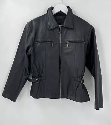 City Skins Womens Vintage Leather Jacket Medium Black Full Zip Motorcycle Biker • $34.99