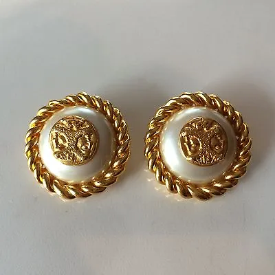 FENDI Gold Tone Clip Earrings - VINTAGE - Roman Heads On Faux Pearl & Rope • $325