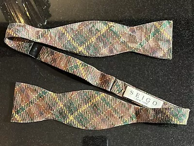 SEIGO New York Silk Bow Tie Plaid Diamond Point Self-Tie Browns Green • $40