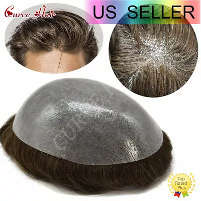 US Mens Toupee Hairpieces Full Poly Thin Skin Human Hair Men Replacement System • $169