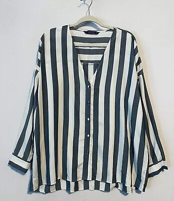 Zara Top Womens Large Blue White Striped Button Up V Neck Hi Low Hem Boxy Flowy • $28.95