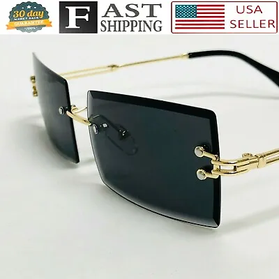 Black Tint Mens Sunglasses Rimless Square Gold Frame Rectangular Hip Hop Fashion • $12.99