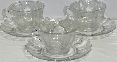 3 Fostoria CHINTZ CRYSTAL CUPS & SAUCERS • $54