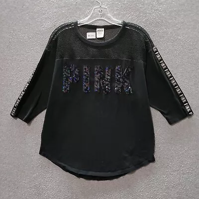 PInk Victorias Secret Women Top Small Black Shirt Mesh Sequins Bling 3/4 Sleeve • $22.40