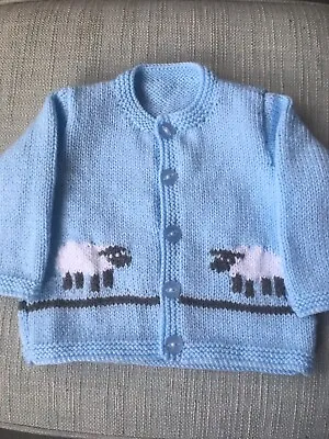 New Hand Knitted Boys Pale Blue Cardigan With Sheep Motifs Size 2-3 Years • £17.50